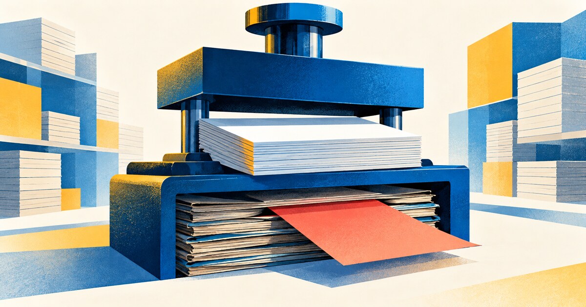 Geometric verification press with a coral sheet inserted into an older archive of blank corporate documents
