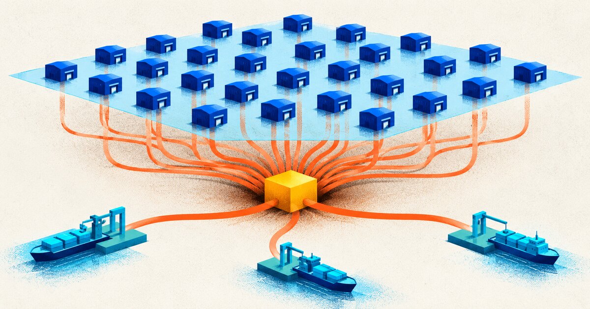 Rows of blue procurement entities connect through orange lines to one hidden hub and three shipping routes beneath a cyan screening plane.
