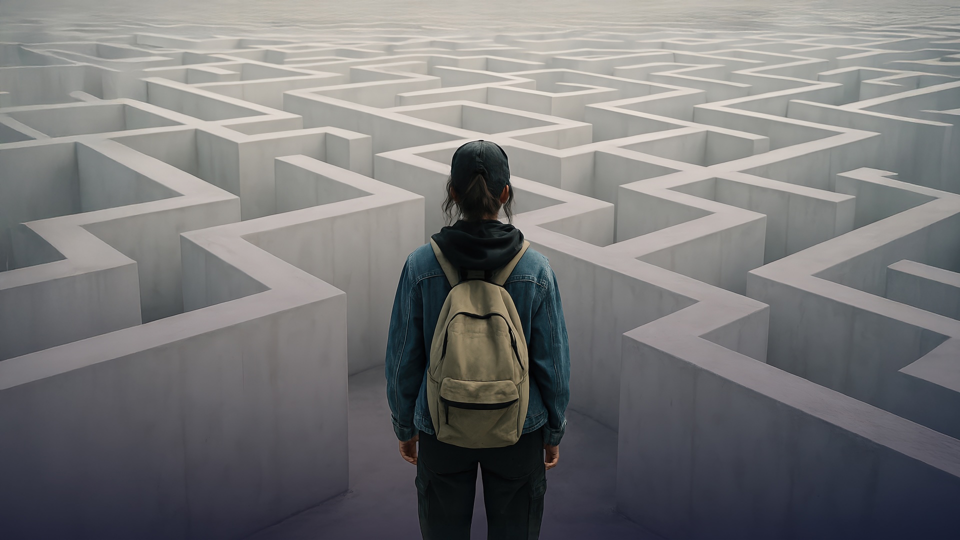 Young woman staring into maze.