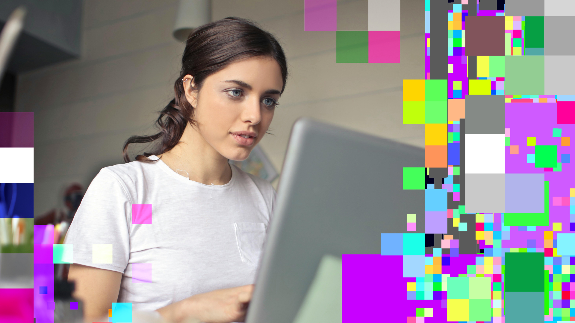 A woman on the computer with glitchy accents.