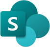 Microsoft SharePoint logo with overlapping teal and blue shapes, featuring a white 'S' on a square teal background.