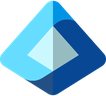 Abstract blue geometric shape composed of overlapping facets resembling a stylized letter G or paper folded into a diamond-like form.