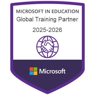 Badge showing Microsoft in Education Global Training Partner 2025-2026 with handshake icon and Microsoft logo.