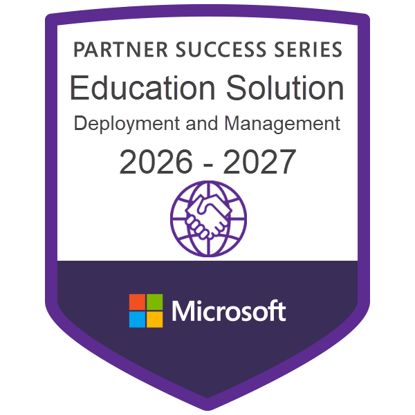Purple shield-shaped badge with text 'Partner Success Series Education Solution Deployment and Management 2026 - 2027' above an icon of two hands shaking over a globe, and the Microsoft logo at the bottom.