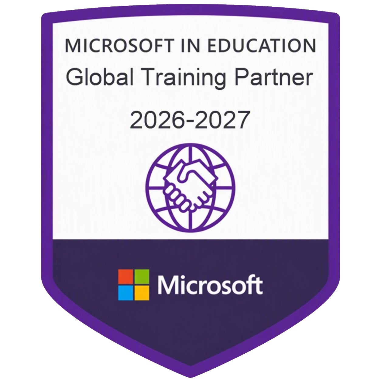 Microsoft in Education Global Training Partner badge for 2026-2027 featuring a handshake icon over a globe and the Microsoft logo below.