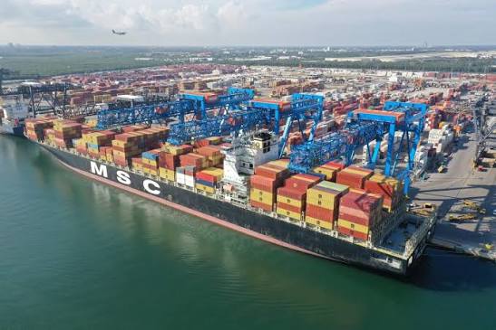 Aerial view of the Port Everglades container terminal with an MSC cargo ship and container cranes