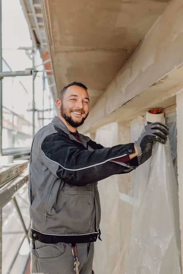 SaniBau Arbeiter verputzt Wand auf Baustelle.