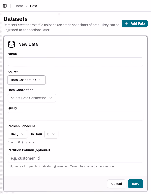 User interface for adding new dataset with fields for name, source, connection, query, and refresh schedule.