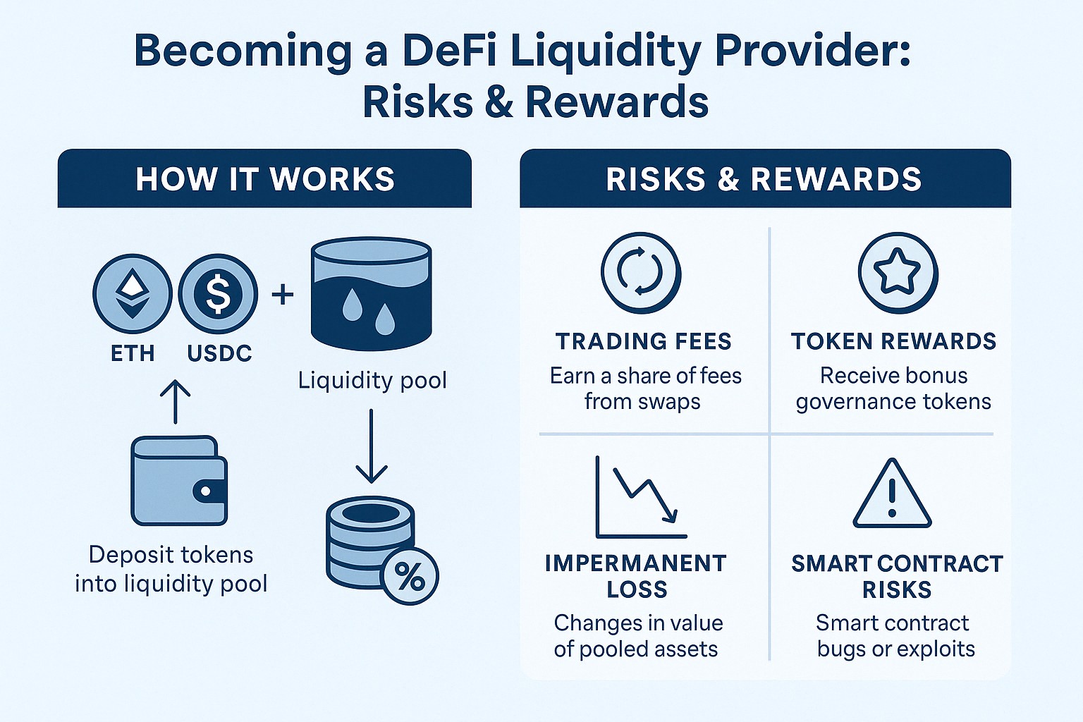 Infographic on "Becoming a DeFi Liquidity Provider: Risks & Rewards". It illustrates how to deposit tokens (ETH, USDC) into a liquidity pool and outlines the rewards (trading fees, token rewards) and risks (impermanent loss, smart contract risks).