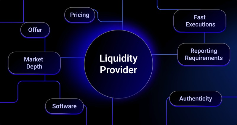 A mind map diagram illustrating the key components and considerations for a "Liquidity Provider," including Pricing, Market Depth, Software, Fast Executions, Reporting Requirements, and Authenticity.