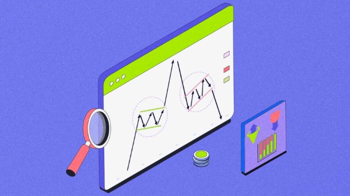 An isometric illustration of technical analysis, with a computer screen displaying bull and bear flag chart patterns and a magnifying glass symbolizing market analysis.