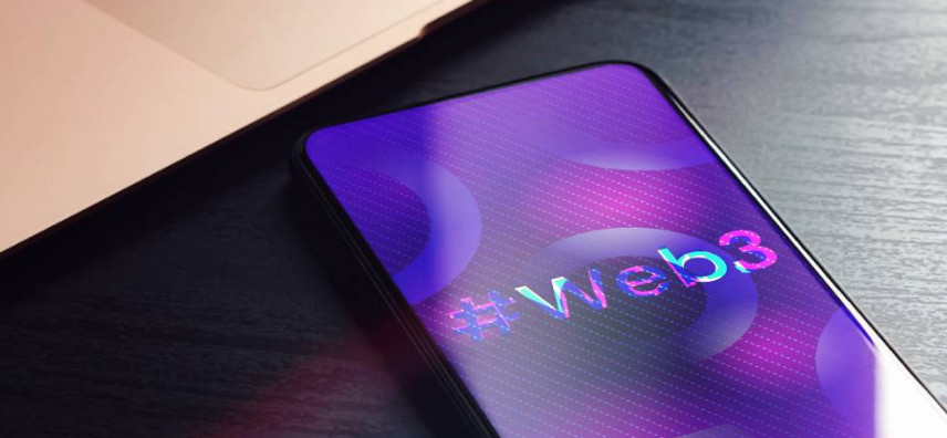 Web3 technology concept displayed on smartphone screen with purple gradient design and modern digital interface