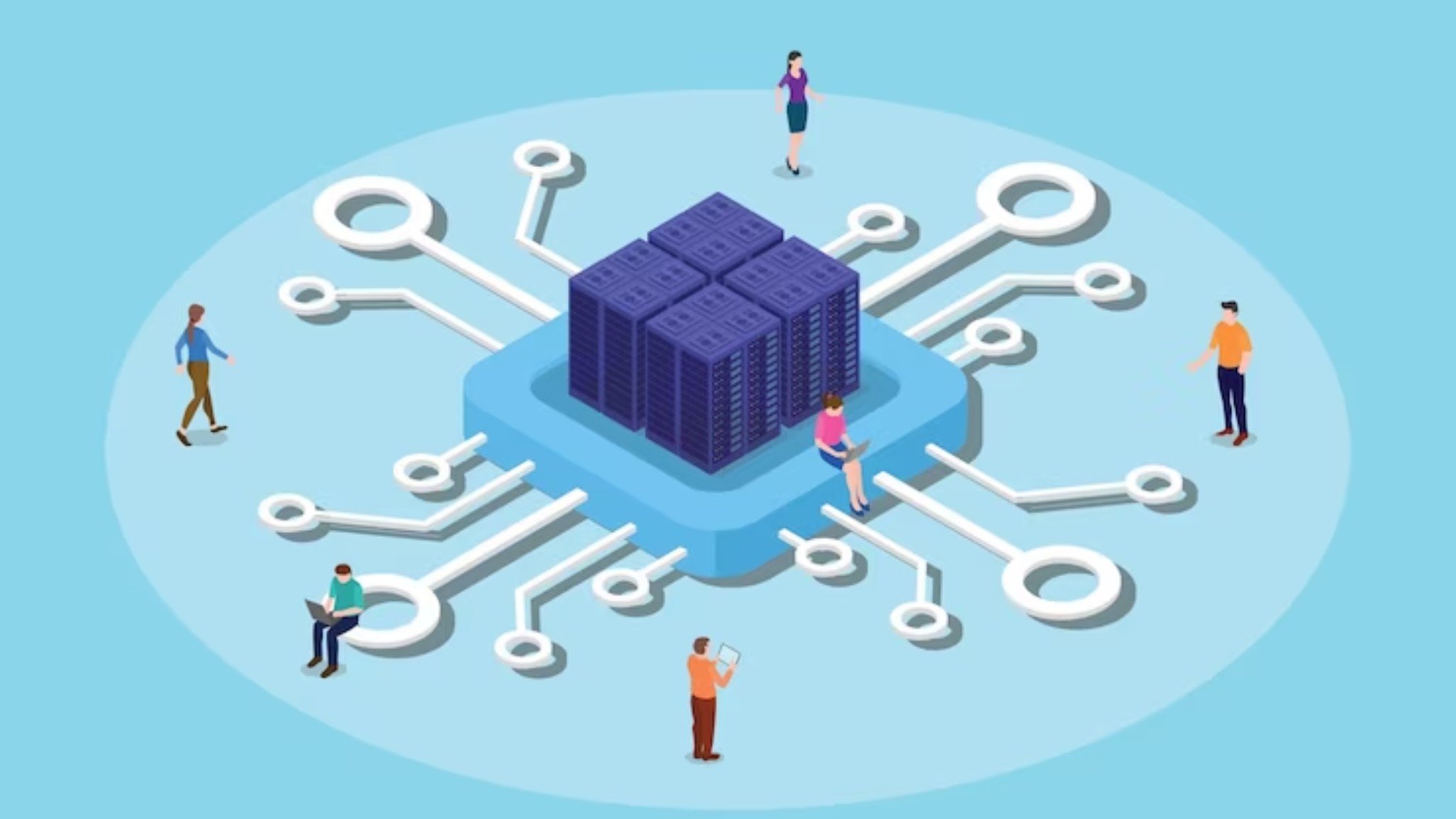 Isometric blockchain network illustration showing people connected to central server infrastructure with distributed network nodes