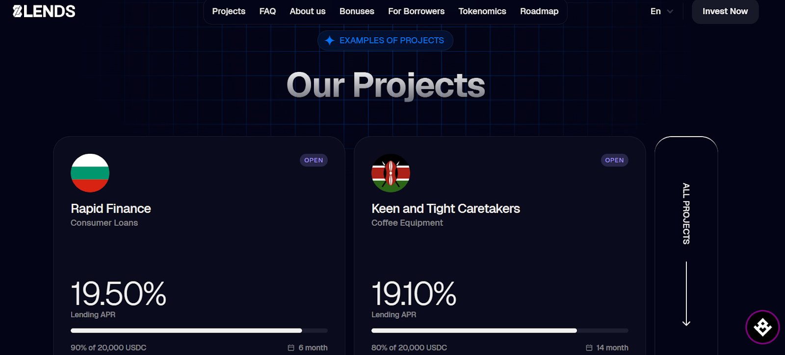 P2P lending platform projects page showing Bulgaria and Kenya investment opportunities with 19% APR