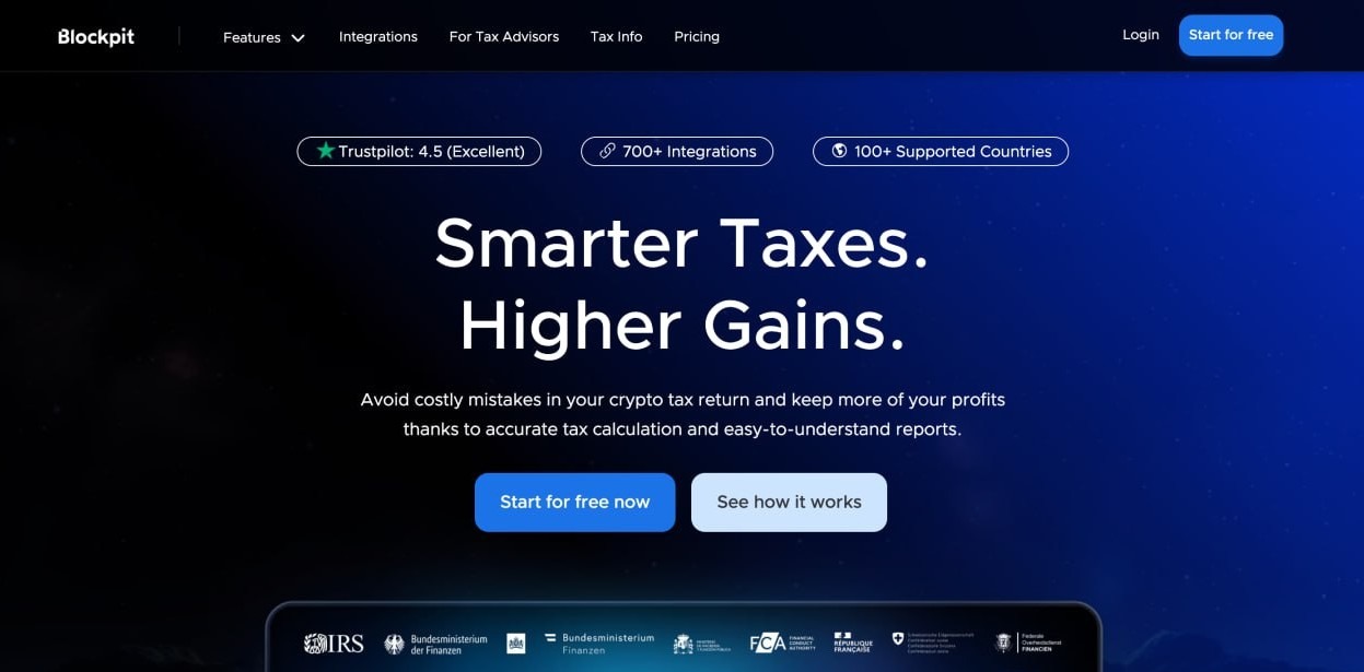 Blockpit homepage featuring the slogan 'Smarter Taxes. Higher Gains,' highlighting global compliance with tax authority logos and a high Trustpilot rating