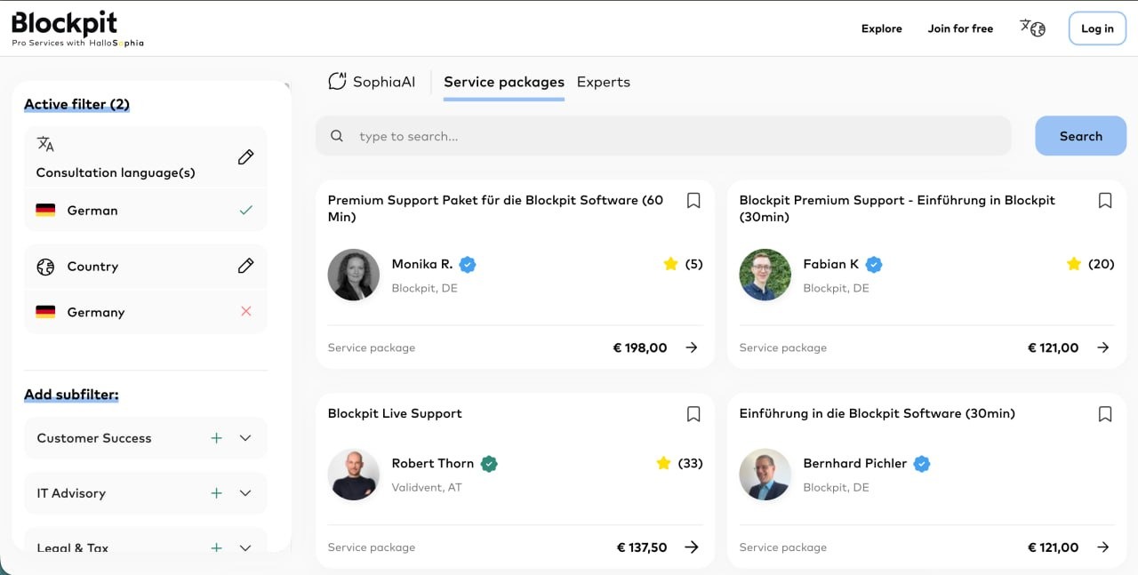 Blockpit expert marketplace interface allowing users to search for licensed tax advisors and book consultations based on country and language