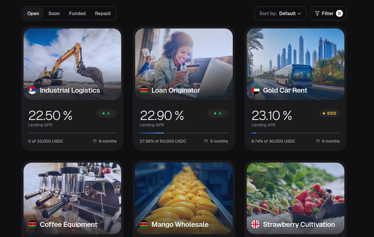 Interface of the 8lends investment platform displaying various credit opportunities and co-investment projects, such as industrial logistics and gold car rentals, with their associated lending APRs.