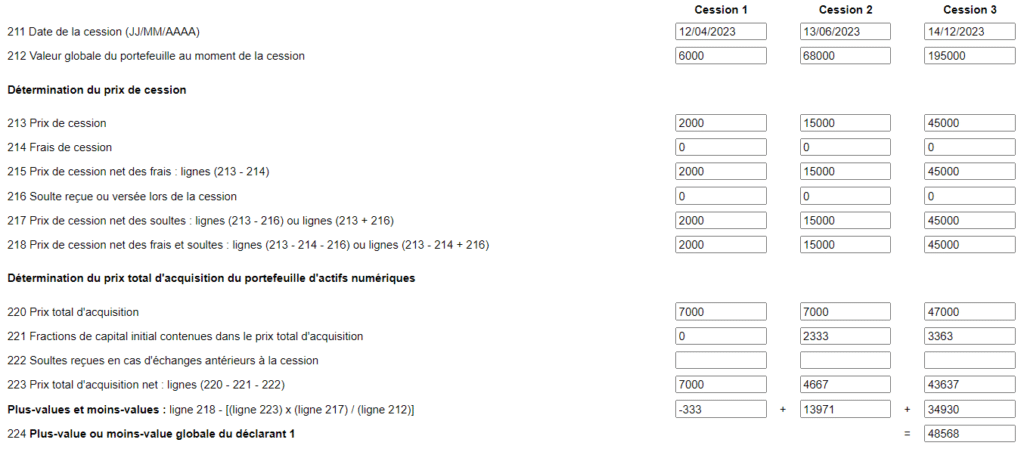 Detailed calculation table on Form 2086 displaying multiple crypto disposal events, acquisition costs, and net capital gains or losses.