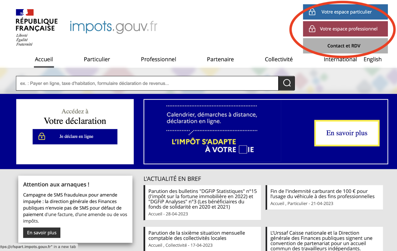 Official impots.gouv.fr homepage with the login area highlighted, representing the digital tax filing system in France.