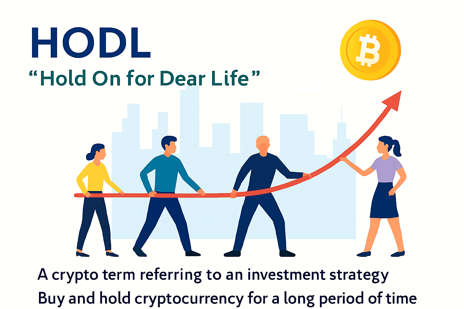 Illustration of the HODL crypto strategy showing investors holding Bitcoin for long-term growth.