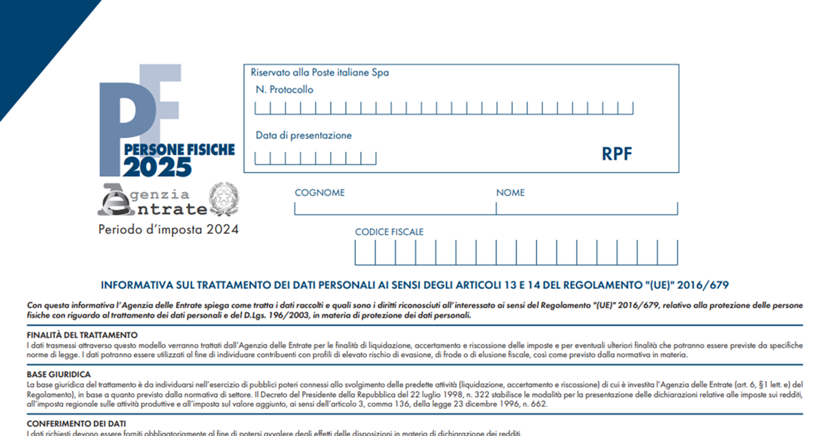 The official header for the Modello Redditi PF 2025 form (Persone Fisiche) issued by the Agenzia delle Entrate, which is the comprehensive filing document required for business owners and complex crypto investors.