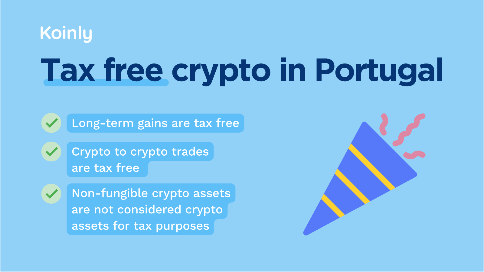 Infographic highlighting tax-free crypto conditions in Portugal: zero tax on long-term gains, tax-free crypto-to-crypto swaps, and the tax-exempt status of NFTs.