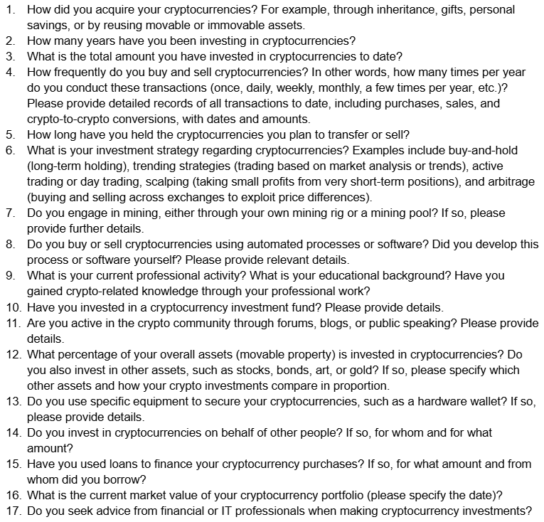 A detailed questionnaire checklist used by tax authorities to determine if a crypto holder is a prudent investor or a professional trader based on frequency and intent.