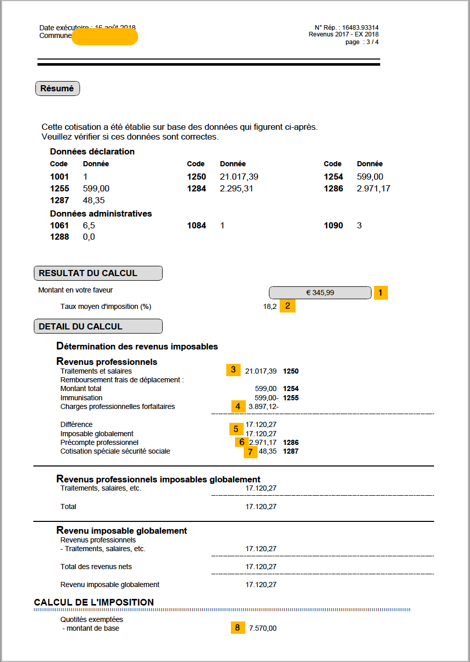 A sample of a Belgian tax assessment document ("Avertissement-Extrait de Rôle") showing income codes and tax calculations relevant to declaring crypto profits.
