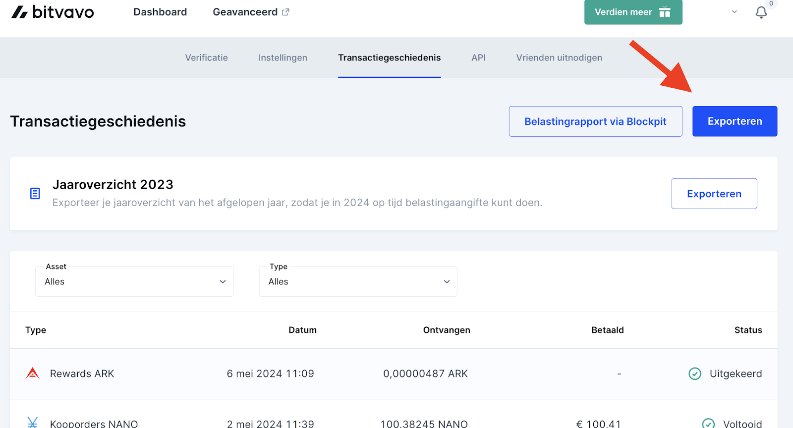 Bitvavo cryptocurrency exchange dashboard showing transaction history with export options for tax reporting in 2023