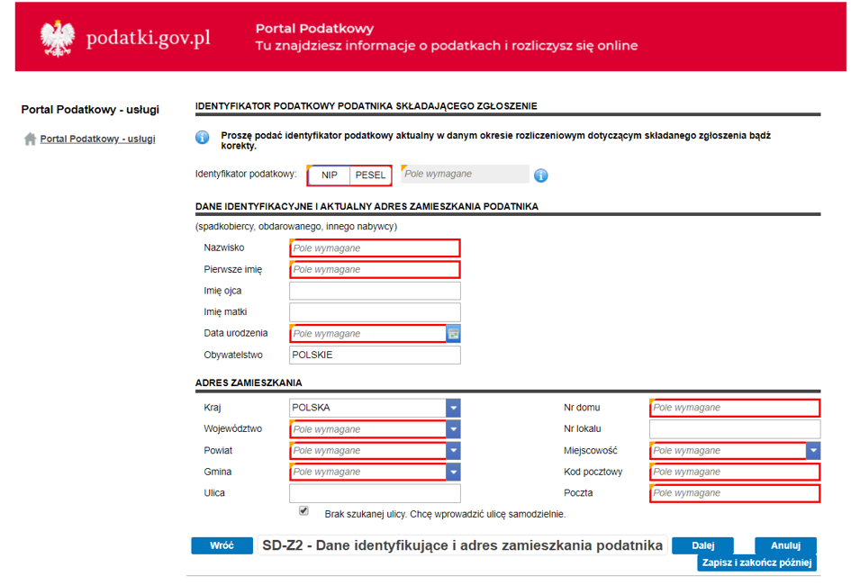 相続または贈与された暗号資産を申告するためのSD-Z2フォームが表示されているポーランドのtaxki.gov.plオンライン税務ポータル