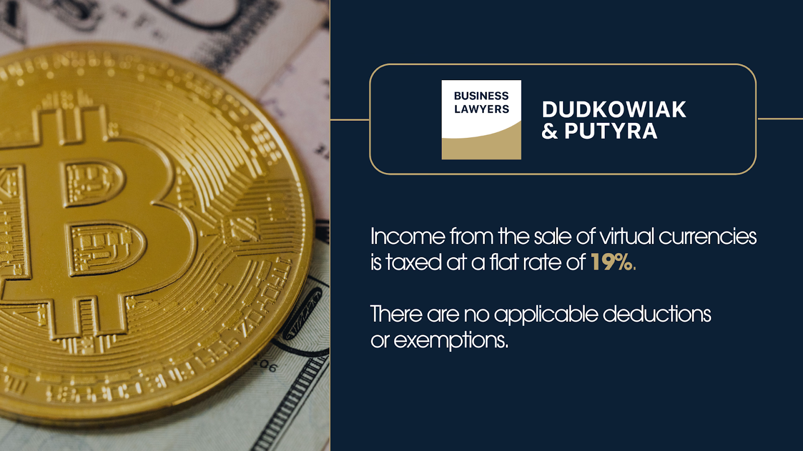 Information graphic stating that income from the sale of virtual currencies is taxed at a flat rate of 19 percent without general exemptions, reflecting the Polish KAS approach to digital assets.