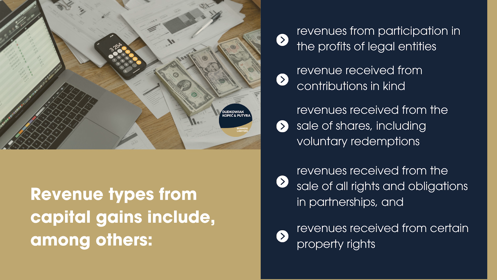 一张信息图,列出多种传统资本利得收入类型及相关财务文件,代表波兰加密货币利润被归类并征税的更广泛税收类别。