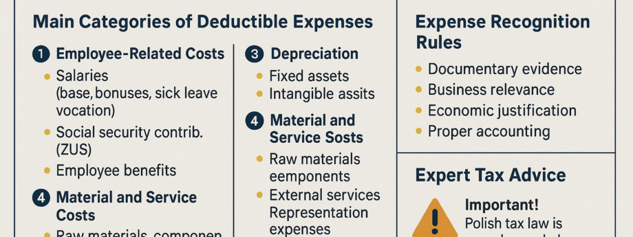 一张概览图,展示一般经营可扣除费用及其确认规则;与之形成对比的是,波兰 KAS 对个人加密投资者仅允许严格限于交易层面的扣除。