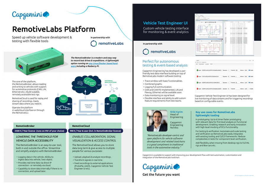 Screen shot of 2 page tech sheet RemotiveLabs Capgemini