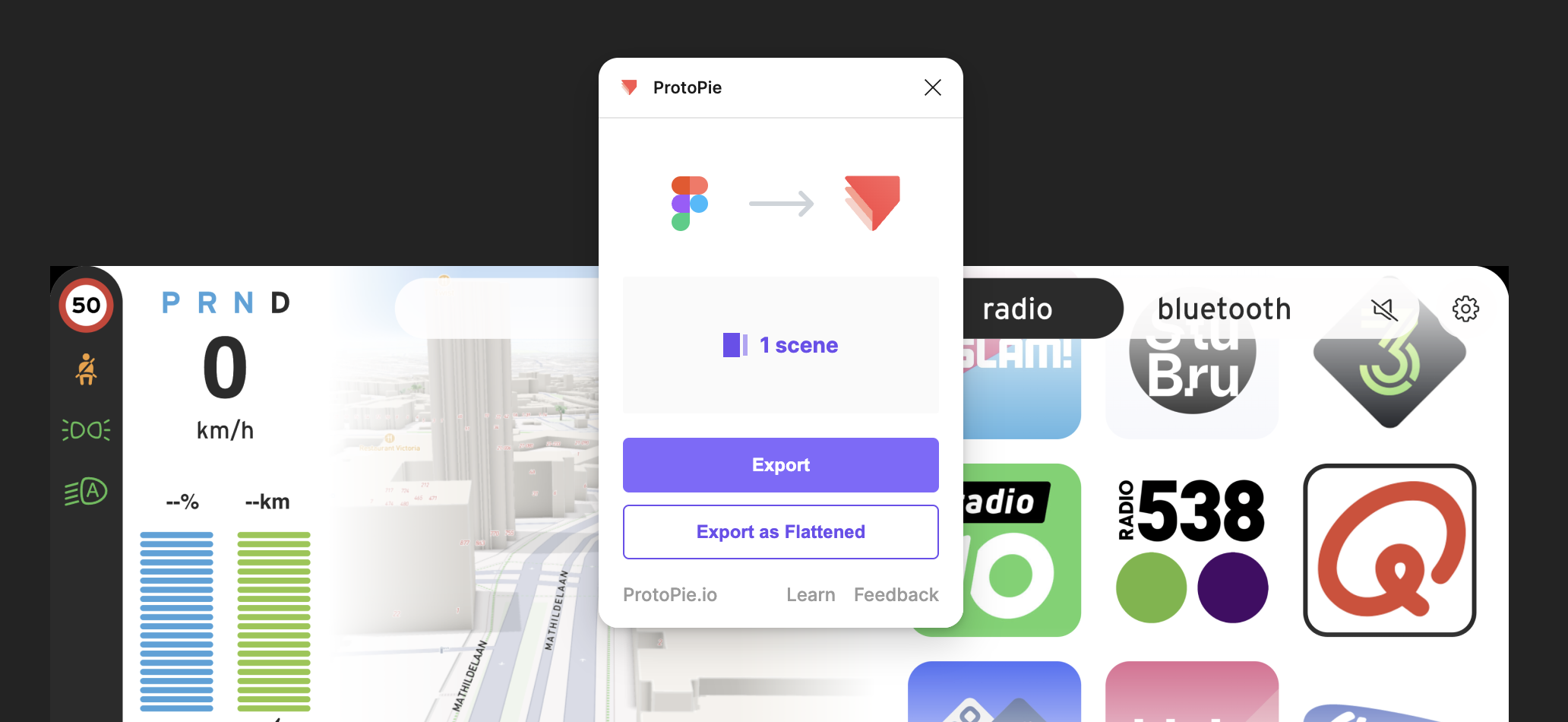 Prompt showing how to export to ProtoPie from Figma