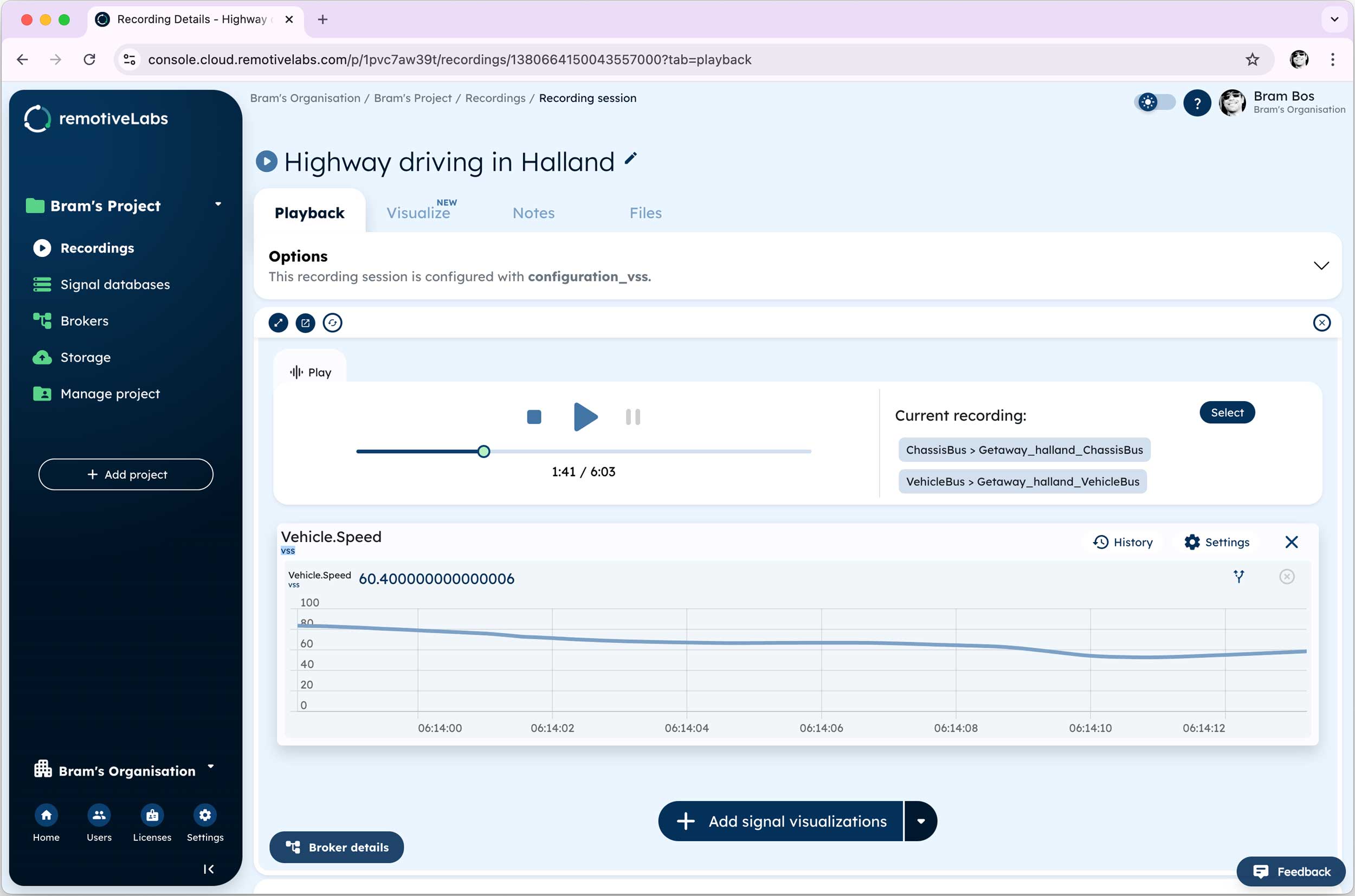 UI in RemotiveCloud for selecting signals