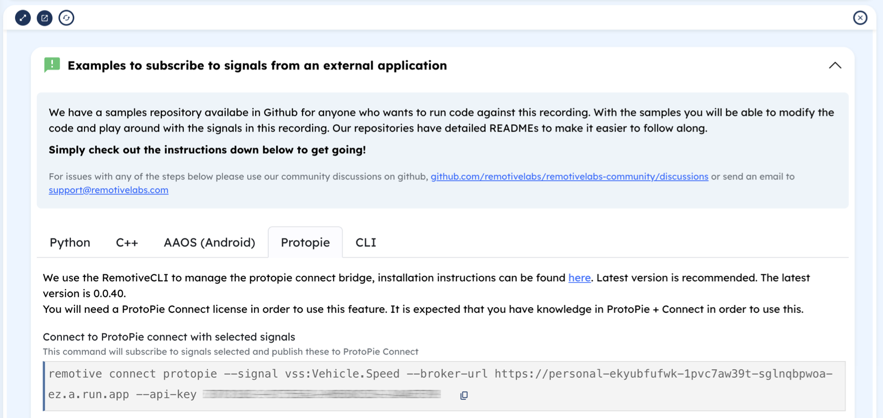 RemotiveCloud screen shot showing native support for Python, C++, AAOS (Android), ProtoPie and CLI