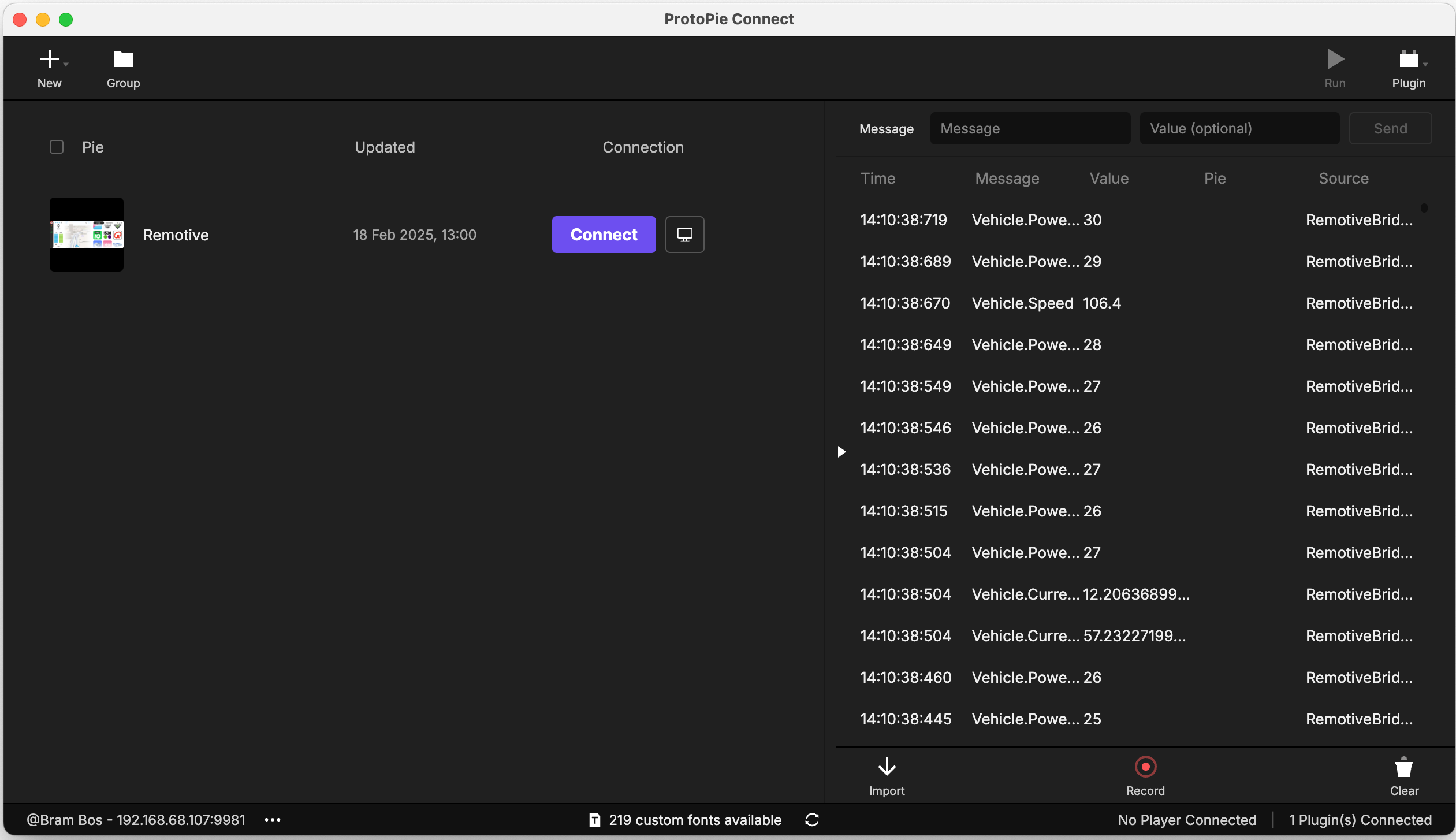 Vehicle data incoming stream into ProtoPie UI