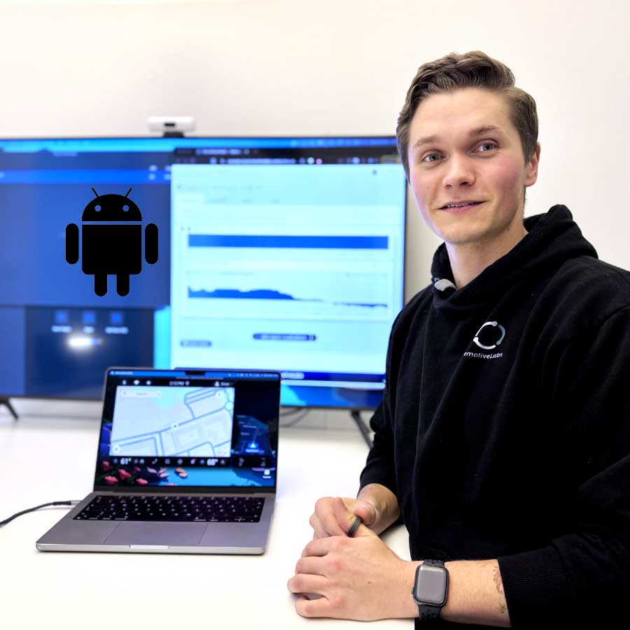 Ola Nilsson demoing in front of computer and TV screen
