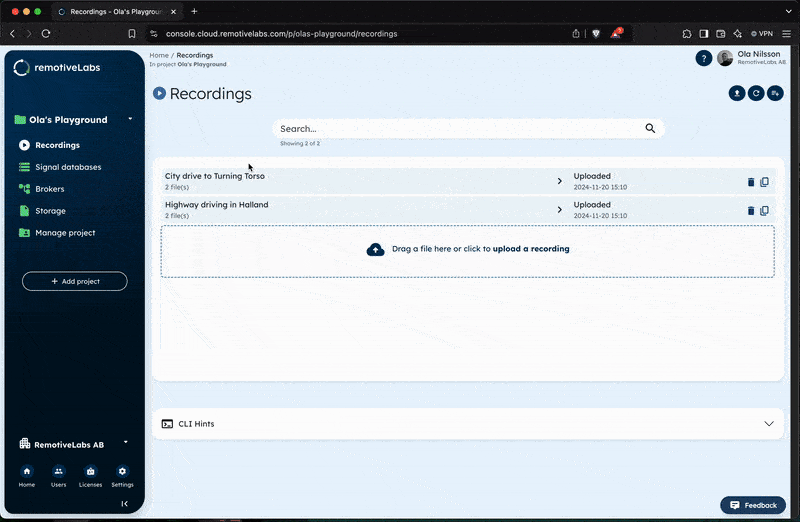 RemotiveCloud UI to select recording to feed to your AAOS Emulator
