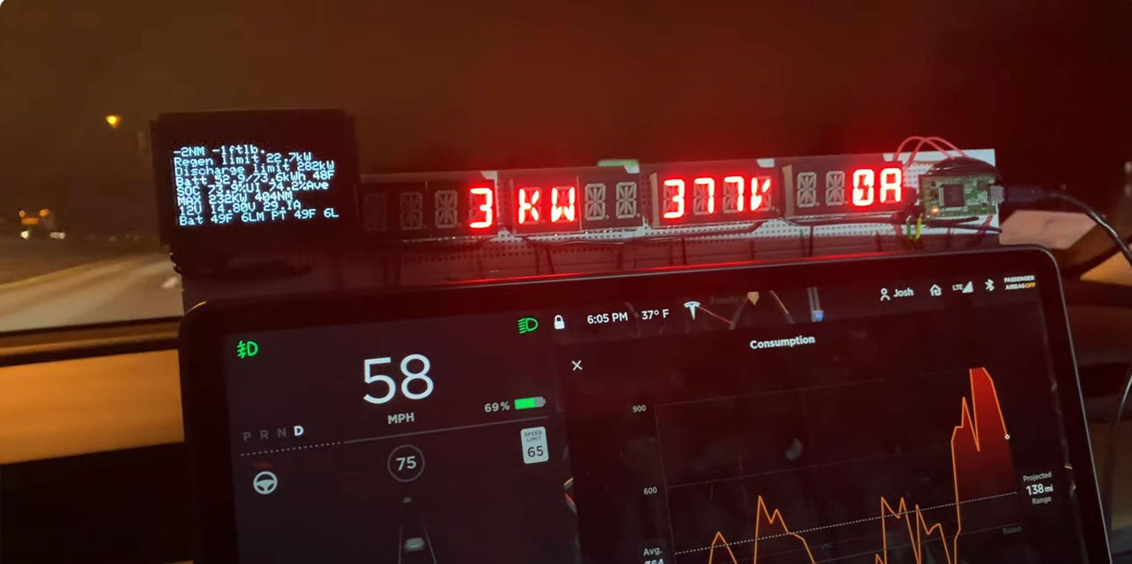 Image of geek display showing data during an evening drive.