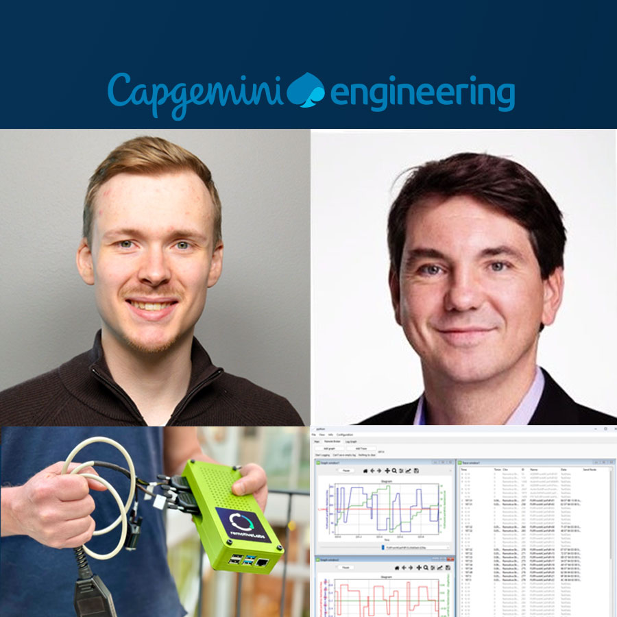 Collage of RemotiveBroker, Vehicle Test  Engineer UI, Portraits of Capgemini reprentatives