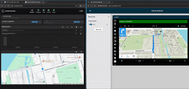 Video showing location data streaming into a Cuttlefish device in navigation mode.