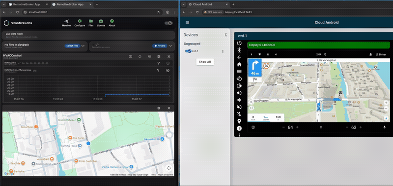 Video showing temperature settings being modified in Cuttlefish and signals changing on a CAN bus.