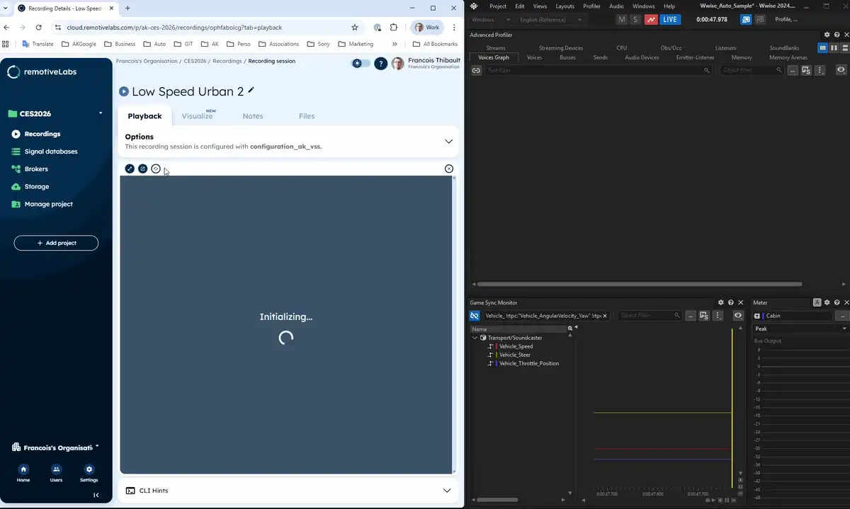 RemotiveLabs UI with vehicle signals + video stream and Wwise UI responding to authentic vehicle triggers as interactive workbench
