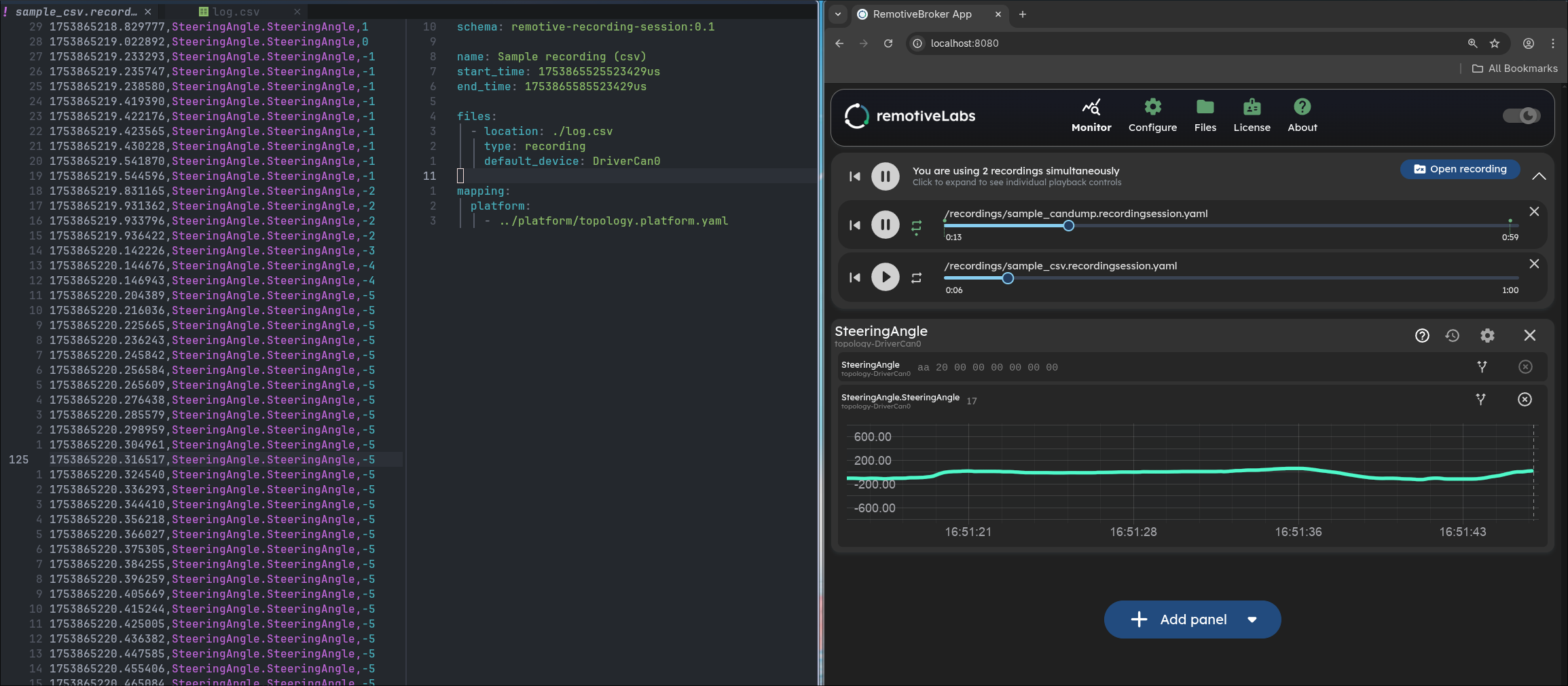 On the left side, an editor showing an open csv file and its configuration yaml. On the right side, a browser showing playback control for the recording and a graph showing signals.