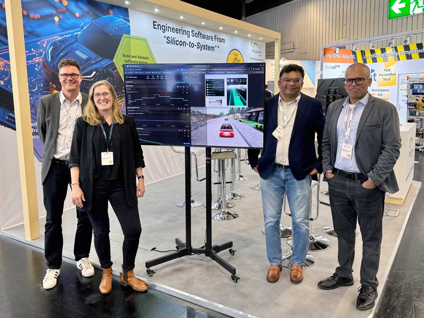 Embedded world 2026 AD and EE architecture demo Peter Osterberg Advisory (Vayavya Labs), Carin Lagerstedt (RemotiveLabs), Ranjit Adhikary & Sandeep Pendharkar (Vayavya Labs). 