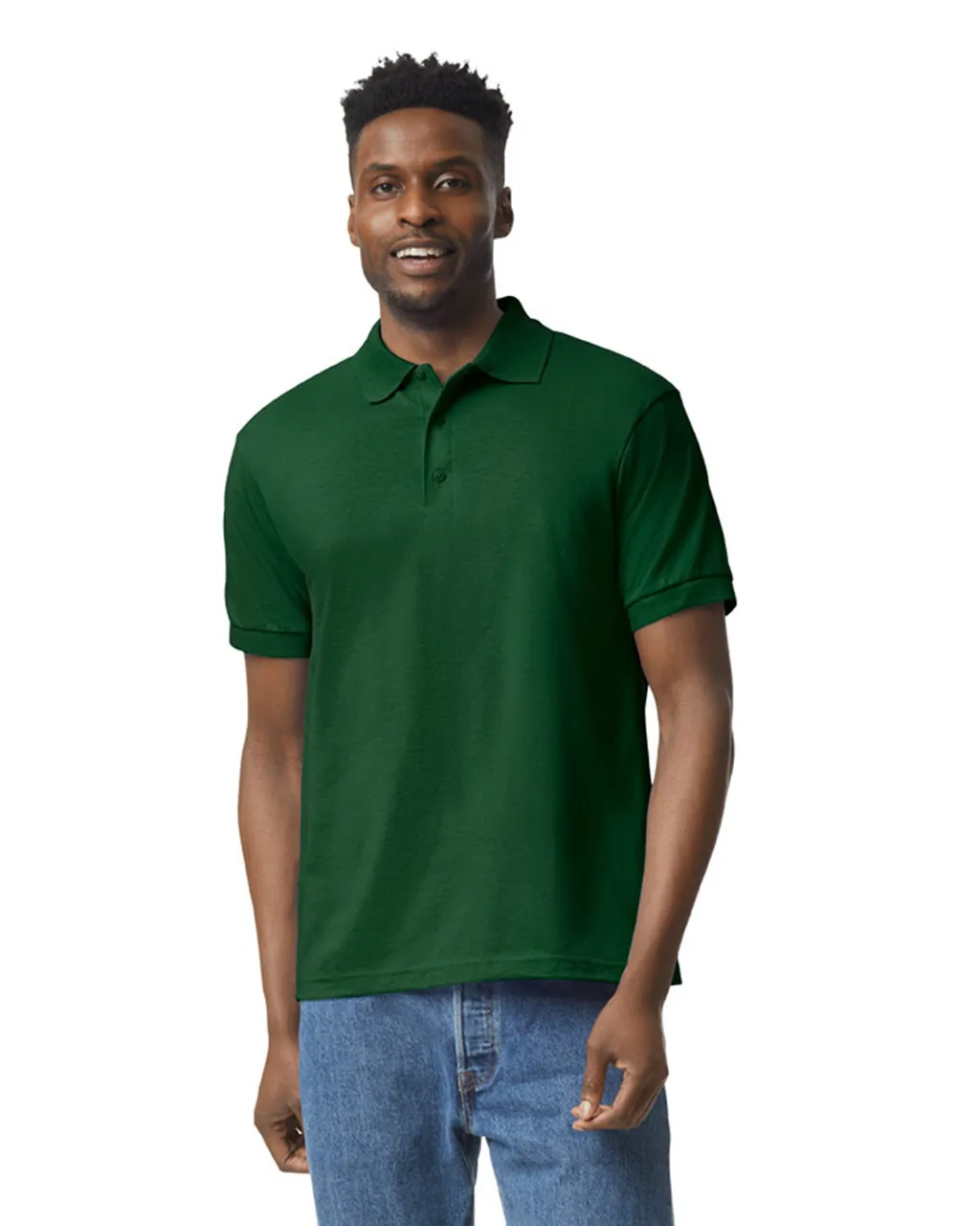 a man wearing a green polo shirt