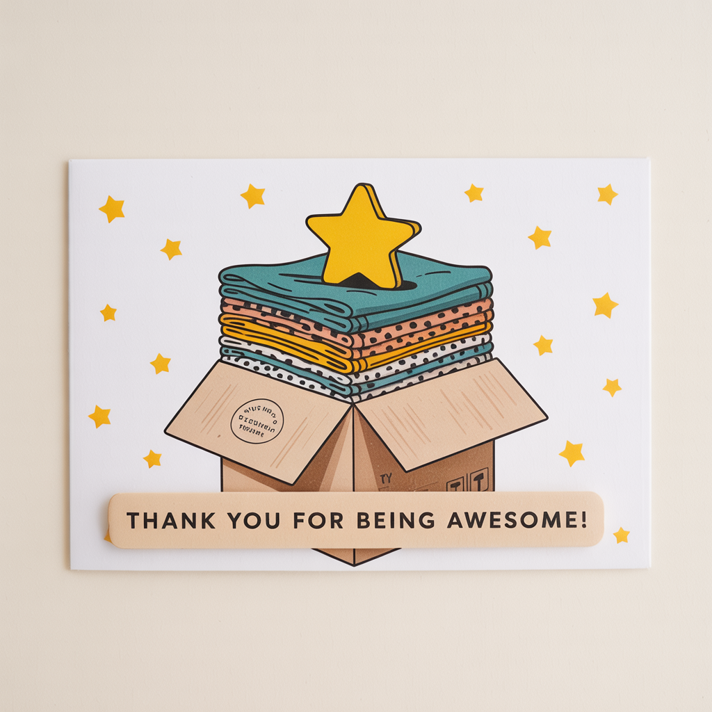 a card with a stack of clothes in a box
