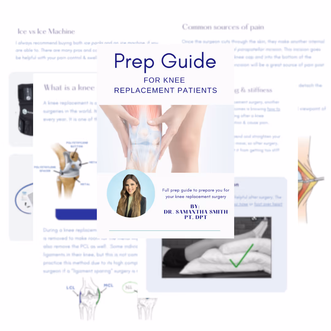Knee replacement surgery prep guide with anatomical diagrams and instructions